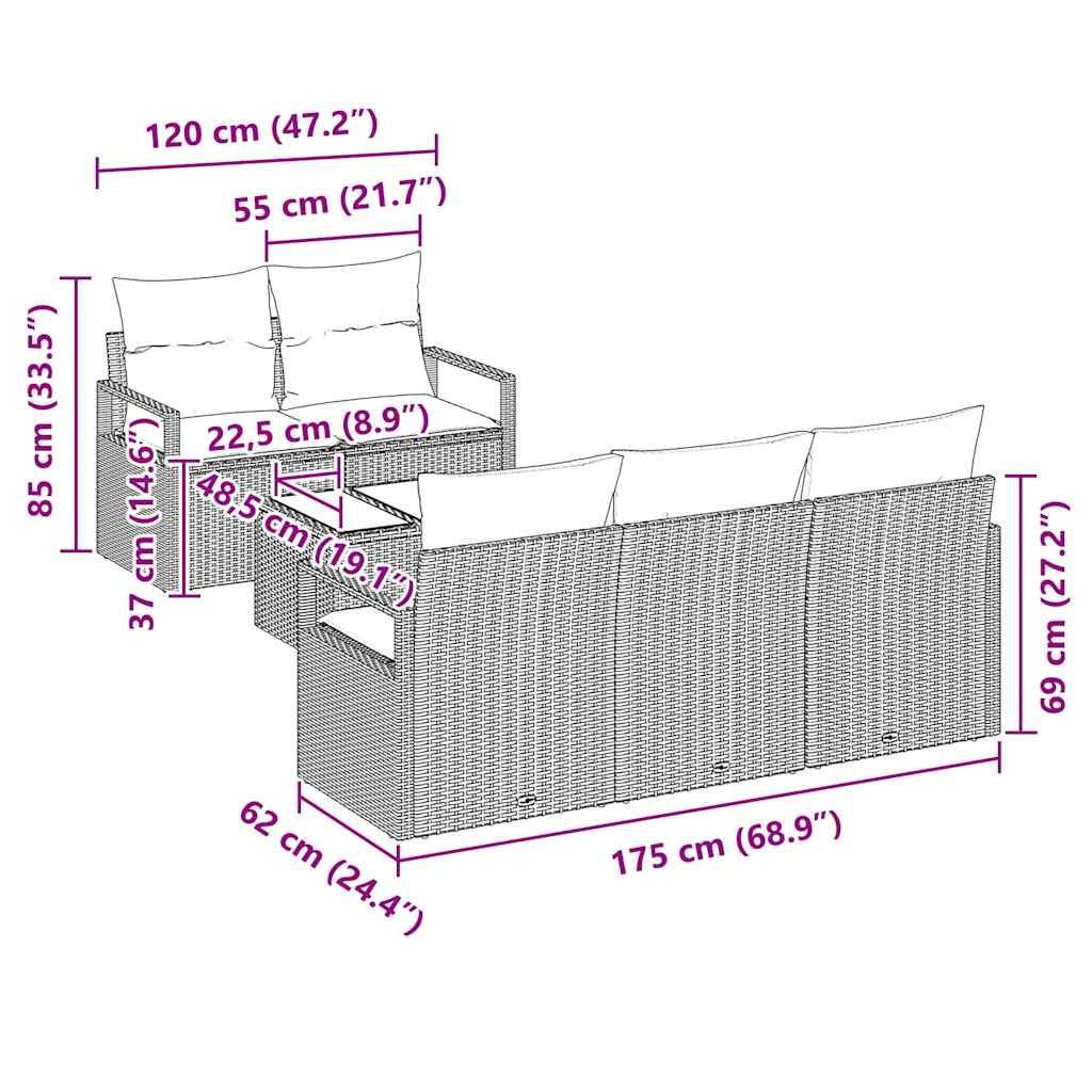 Garten-Sofa-Set 6 pcs Schwarz und Creme 55 x 55 x 37 cm